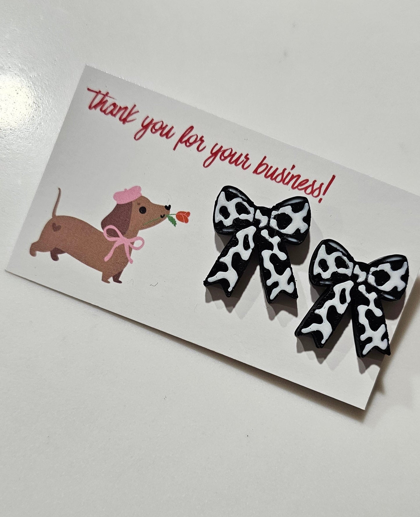 Bag of 25 -Boutique 3d Printed Package Inserts Cow Print Bows Pins or Earrings Made in America