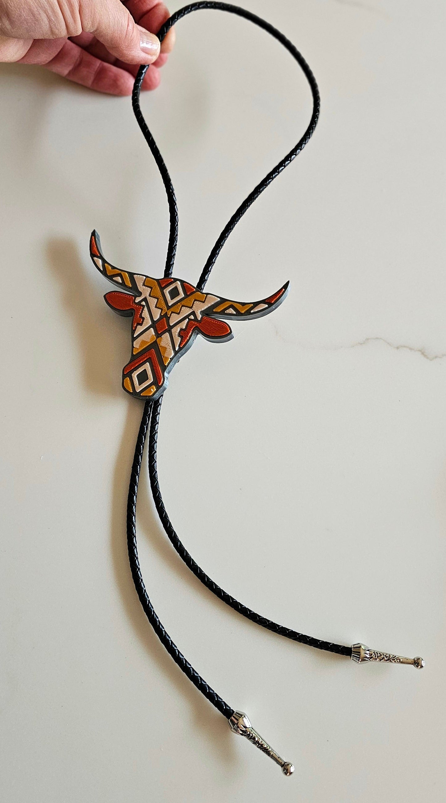 Brown Tan Aztec Longhorn 3D Inlay Bolo Tie Necklace Made in America