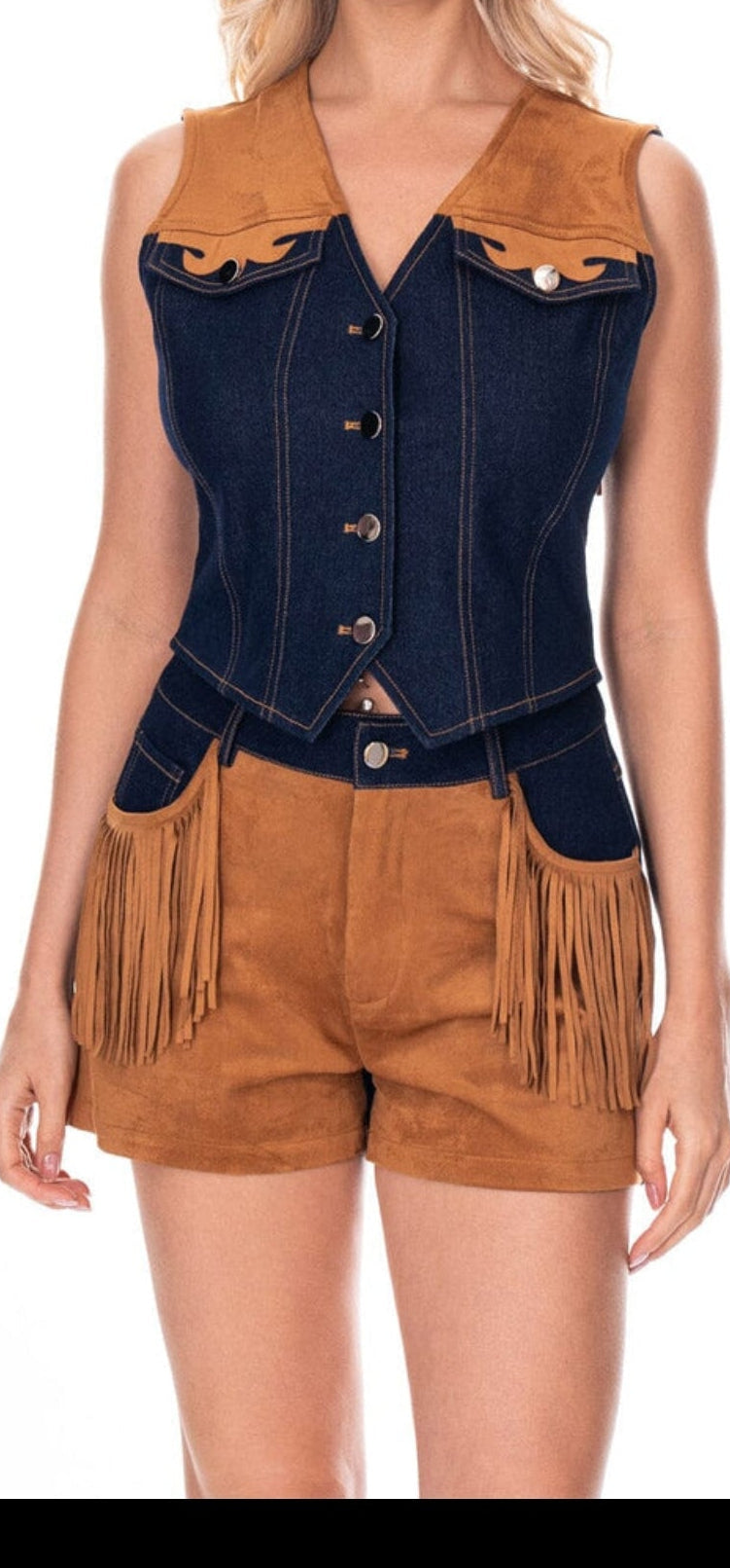 Giddy Up Cowgirl Fringe Vest Shorts Set Outfit