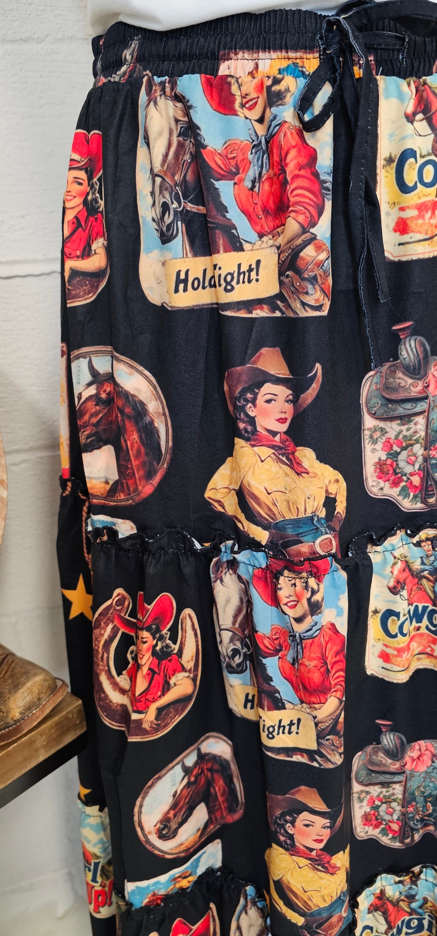 Vintage Cowgirl Collage Western Tiered Prairie Maxi Skirt