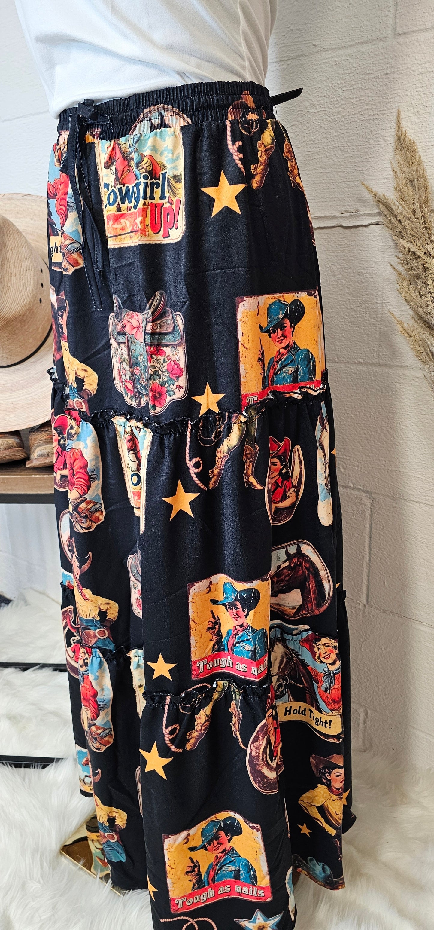 Vintage Cowgirl Collage Western Tiered Prairie Maxi Skirt