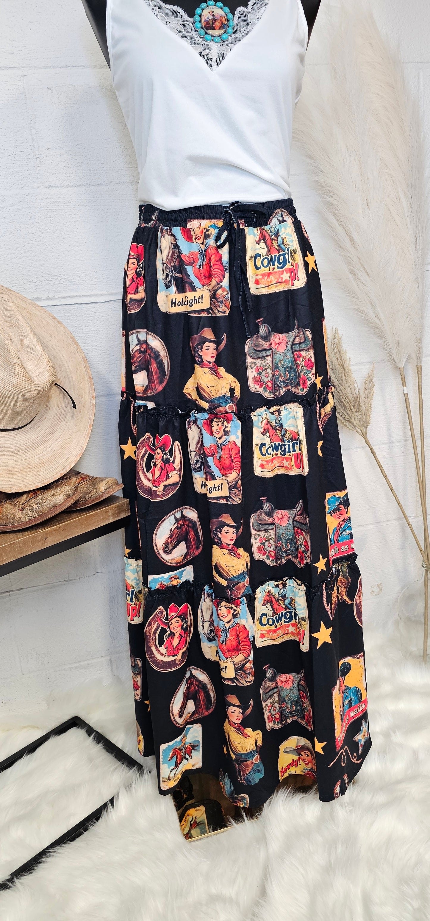 Vintage Cowgirl Collage Western Tiered Prairie Maxi Skirt