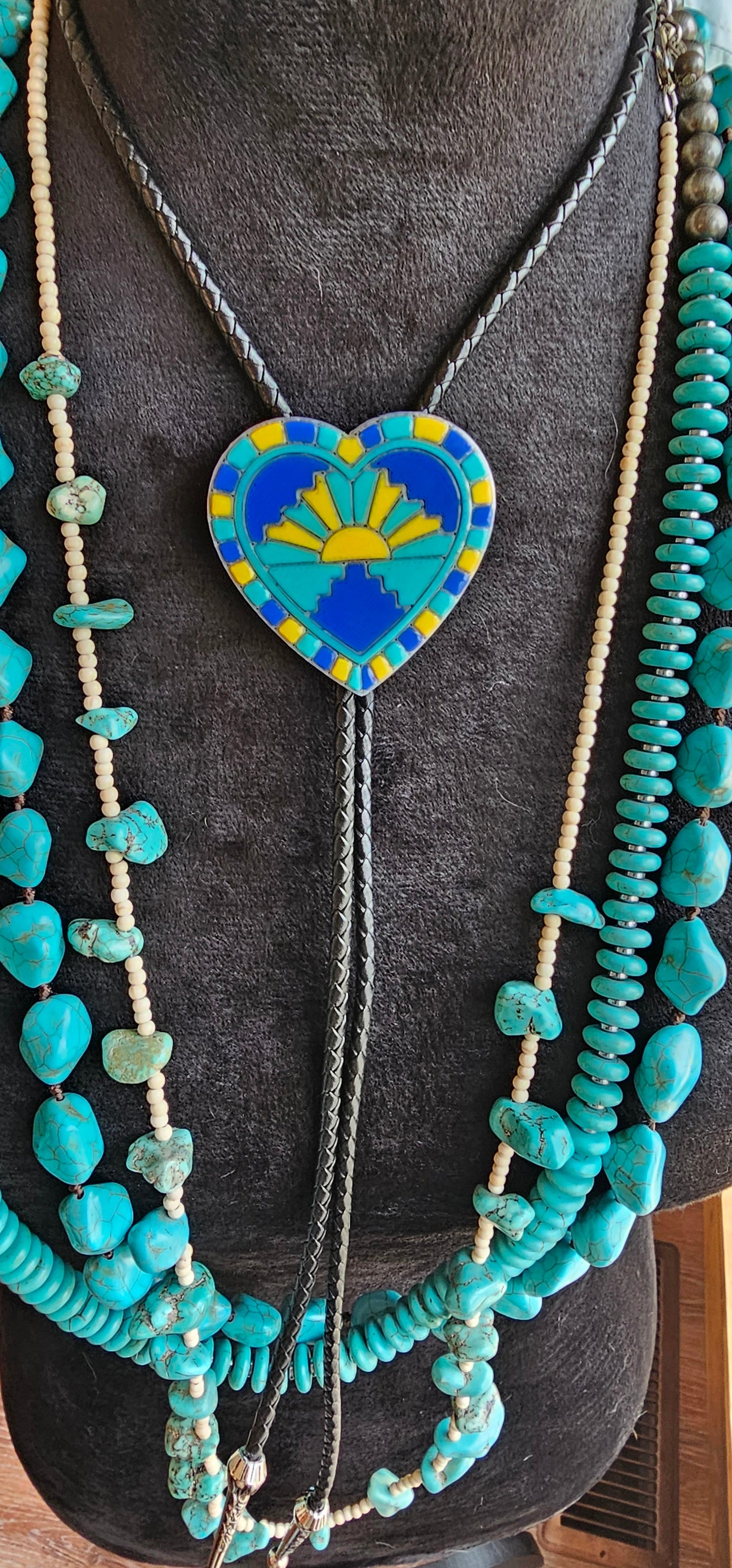Turquoise Sunrise 3D Inlay Heart Bolo Tie Necklace