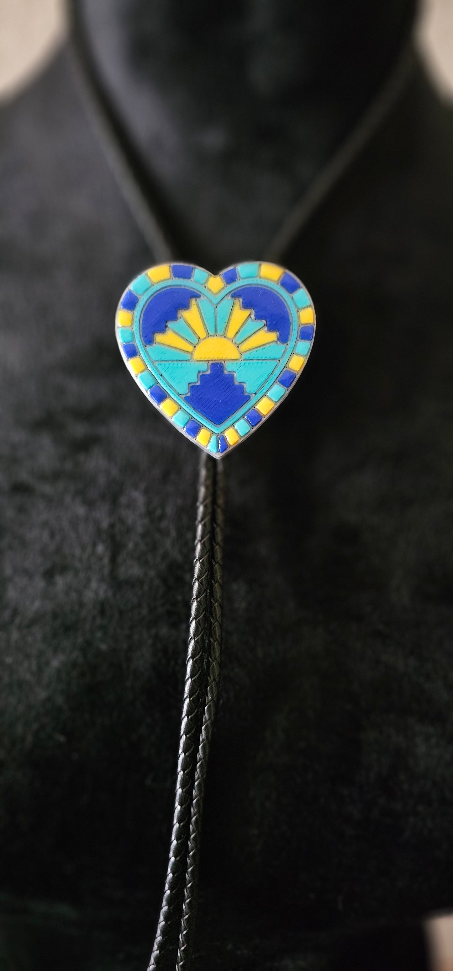 Turquoise Sunrise 3D Inlay Heart Bolo Tie Necklace