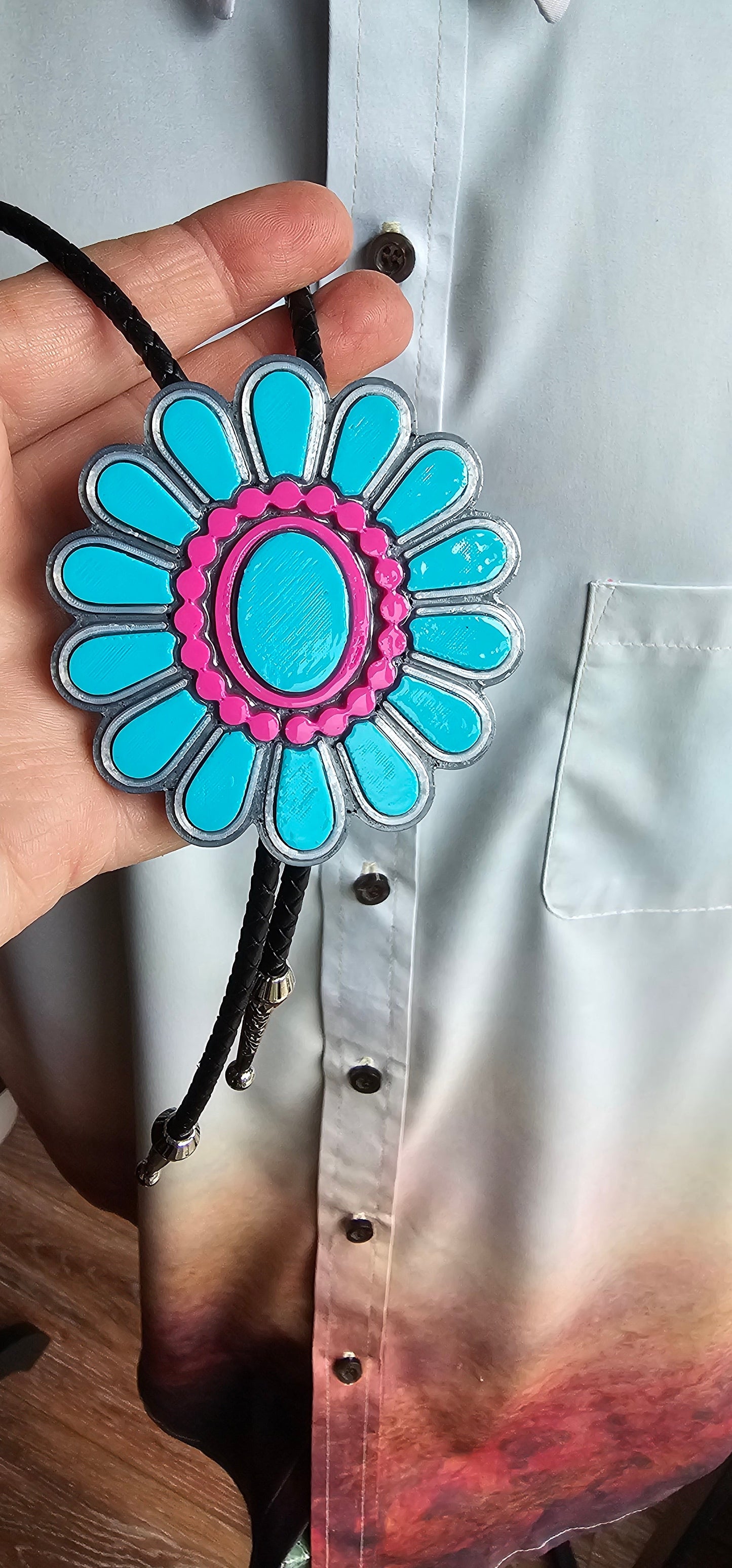 Baha Ranch Turquoise Hot Pink Concho 3D Inlay Bolo Made in America
