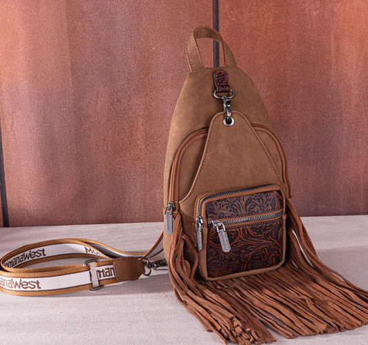 Montana West Tooled Fringe Sling Bag -Brown