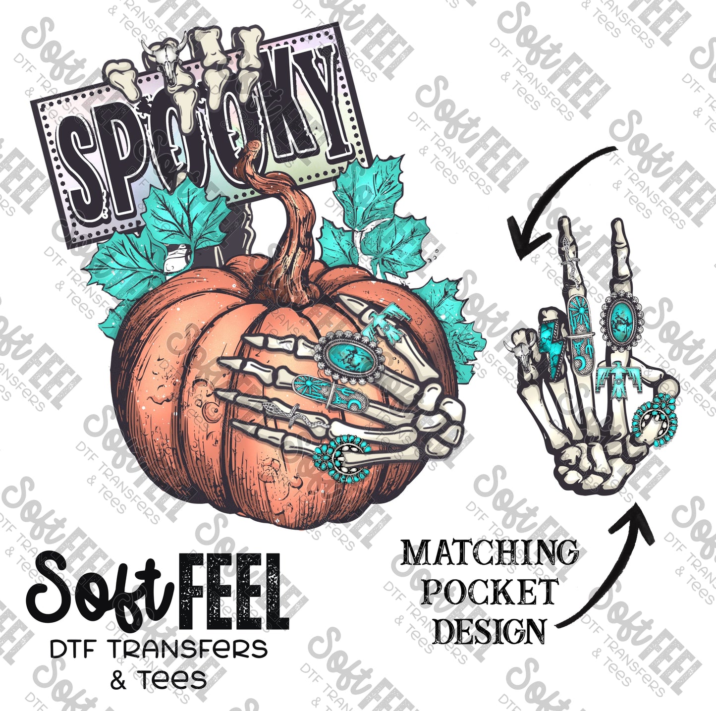 Spooky Pumpkin Skeleton Hand Turquoise Ring - Halloween / Fall / Western - Direct To Film Transfer / DTF - Heat Press Clothing Transfer