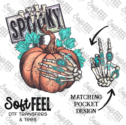 Spooky Pumpkin Skeleton Hand Turquoise Ring - Halloween / Fall / Western - Direct To Film Transfer / DTF - Heat Press Clothing Transfer