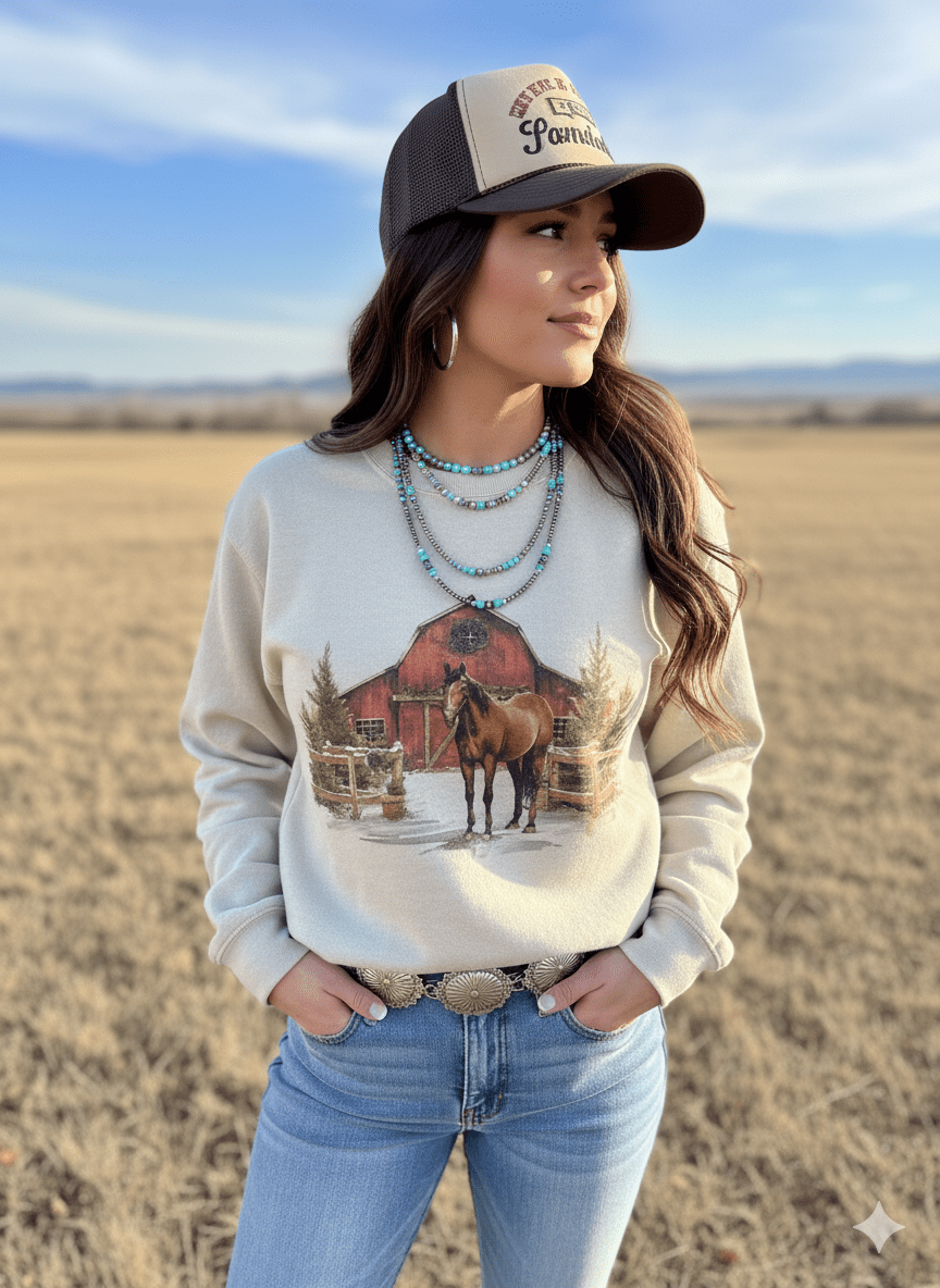 Western Winter Barn Christmas Sweatshirt