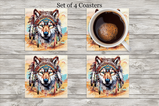 Wolf Native Western Neoprene 4 Inch Square Coasters - Set of 4