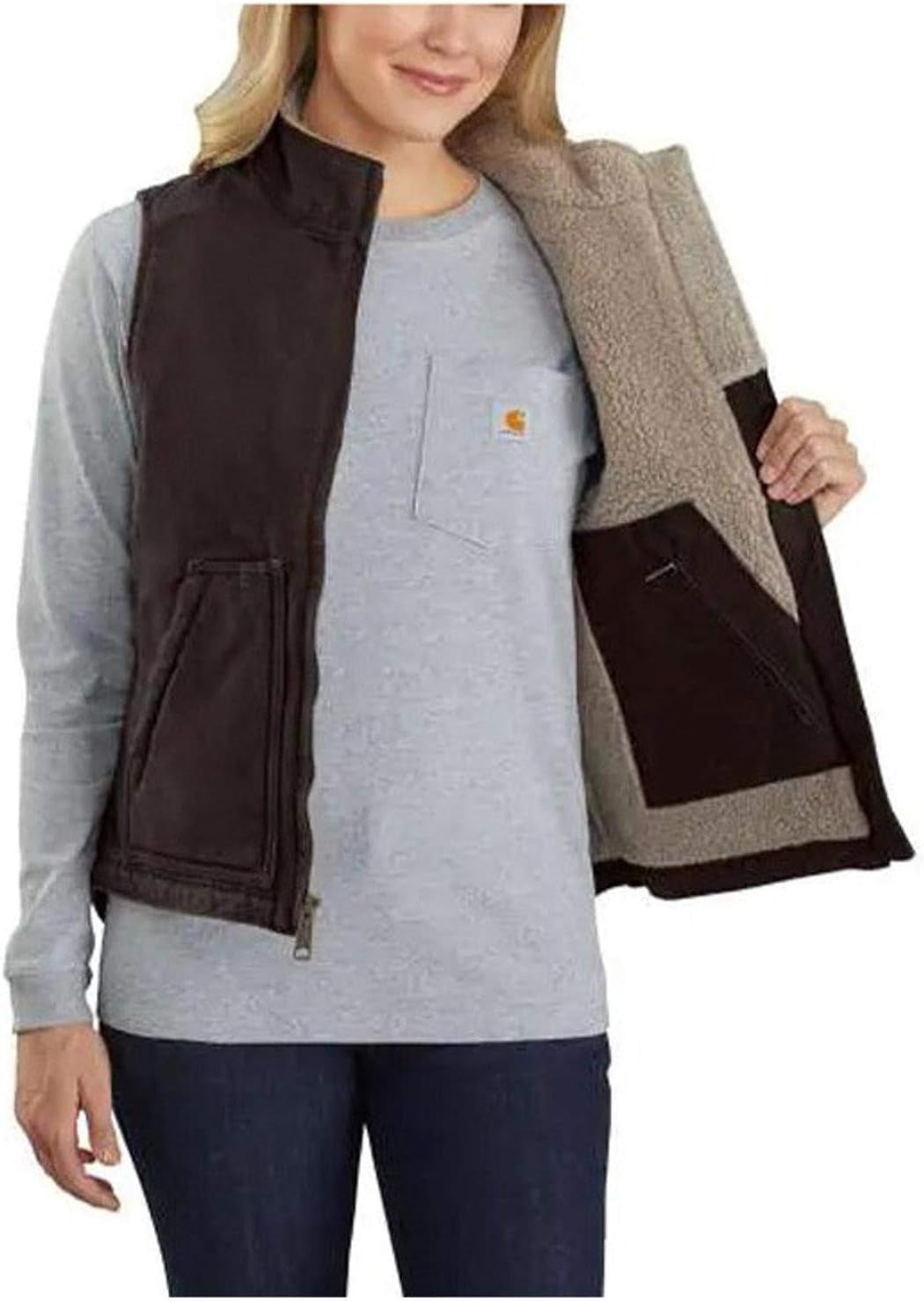 Women'S Relaxed Fit Washed Duck Sherpa-Lined Mock-Neck Vest