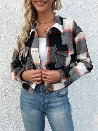 Plaid Button Up Drop Shoulder Cropped Jacket