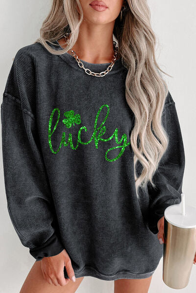 LUCKY Round Neck Dropped Shoulder Sweatshirt