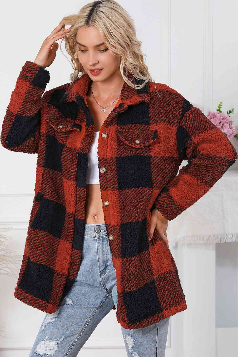 Plaid Button Down Coat with Pockets