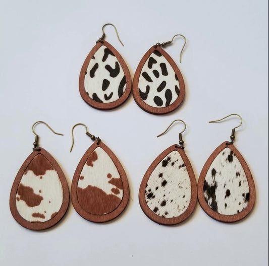 Animal Print Leather and Wood Teardrop Earrings