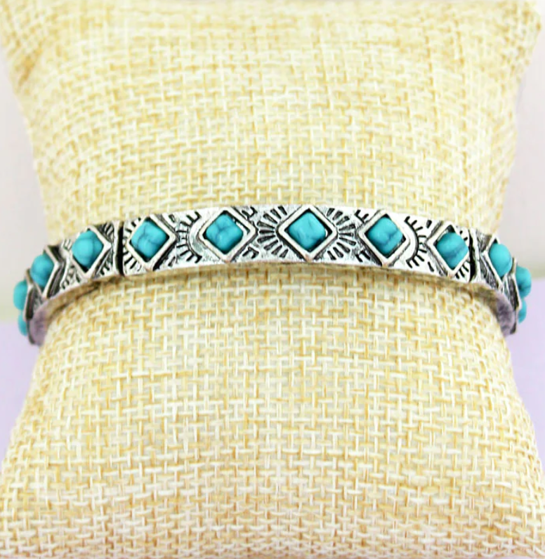 Turquoise and Silvertone Stretch Bracelet