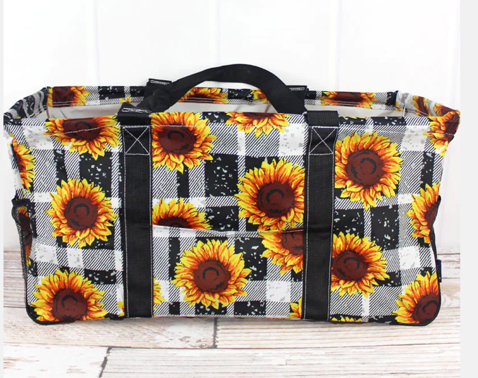 Sunflower Plaid Collapsible Haul it All Basket with Mesh Pockets