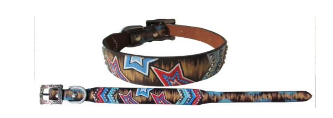 Red White and Blue Stars Leather Dog Collar