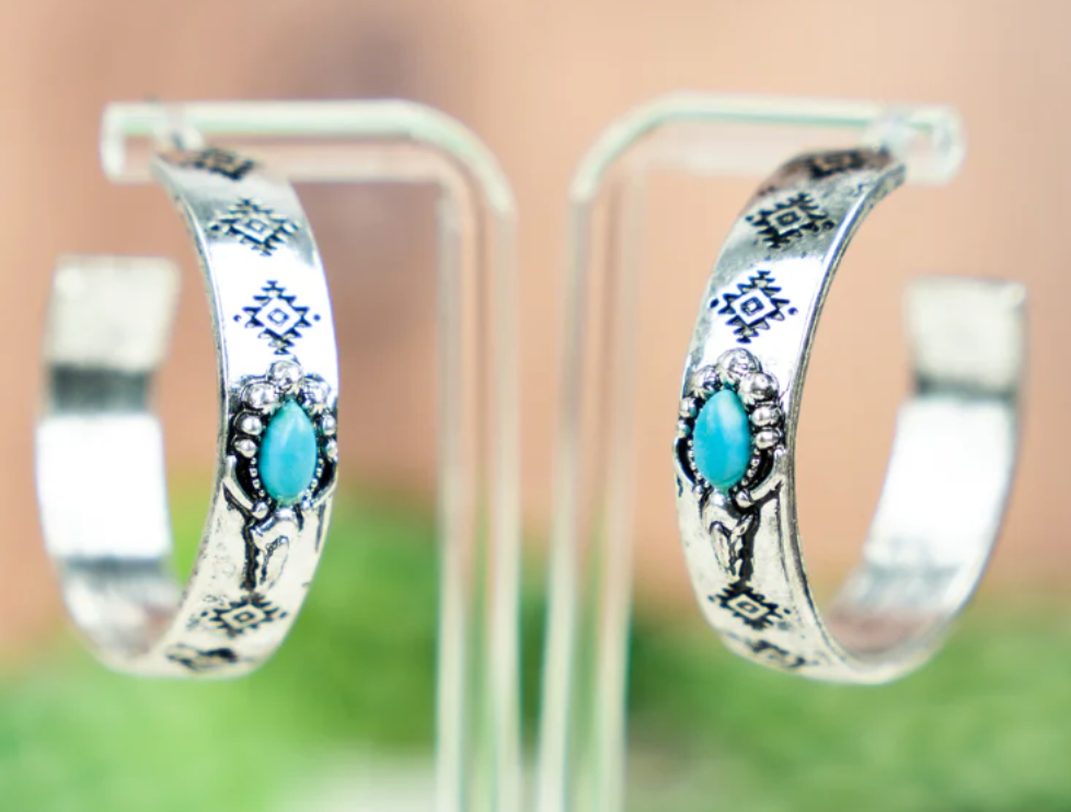 Chimney Rock Turquoise Silvertone Hoop Earrings