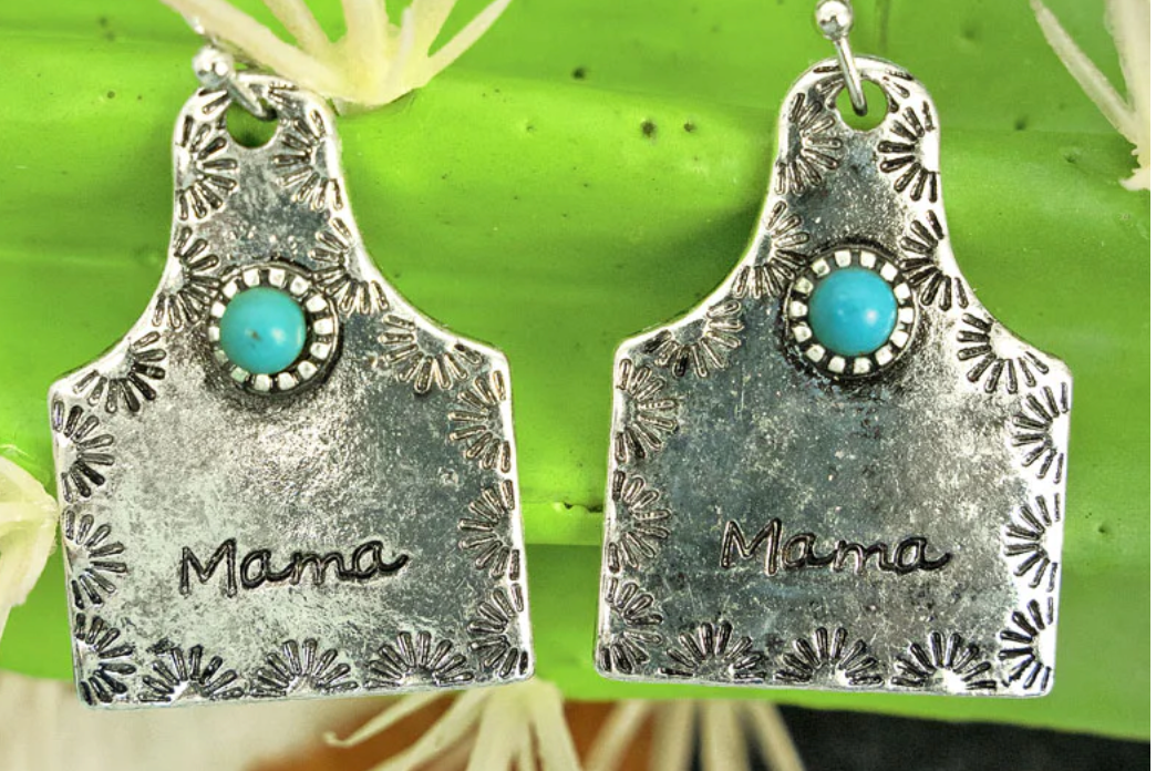 Turquoise Silvertone 'Mama' Cow tag Earrings
