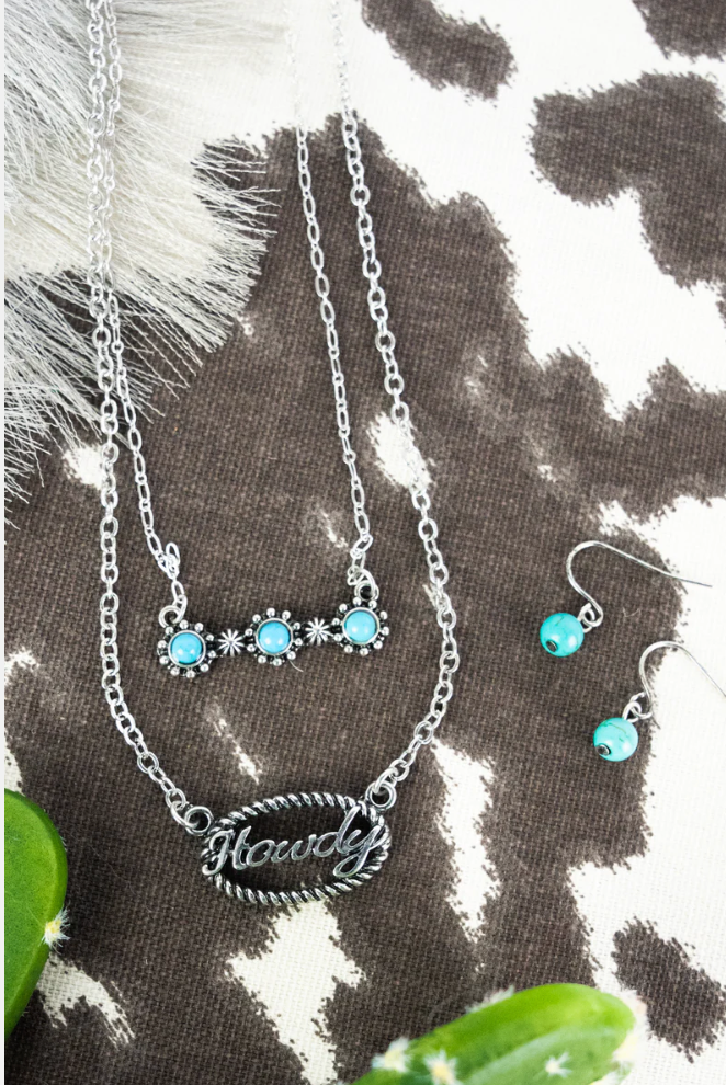 TURQUOISE HOWDY SILVERTONE LAYERED NECKLACE AND EARRING SET