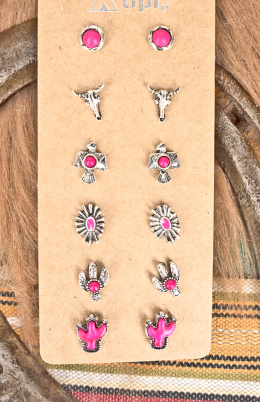 Fuchsia Chattahoochee Stud Earrings 6 pair set