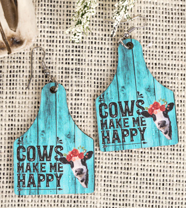 Cows Make Me Happy Wood Cattle tag Earrings