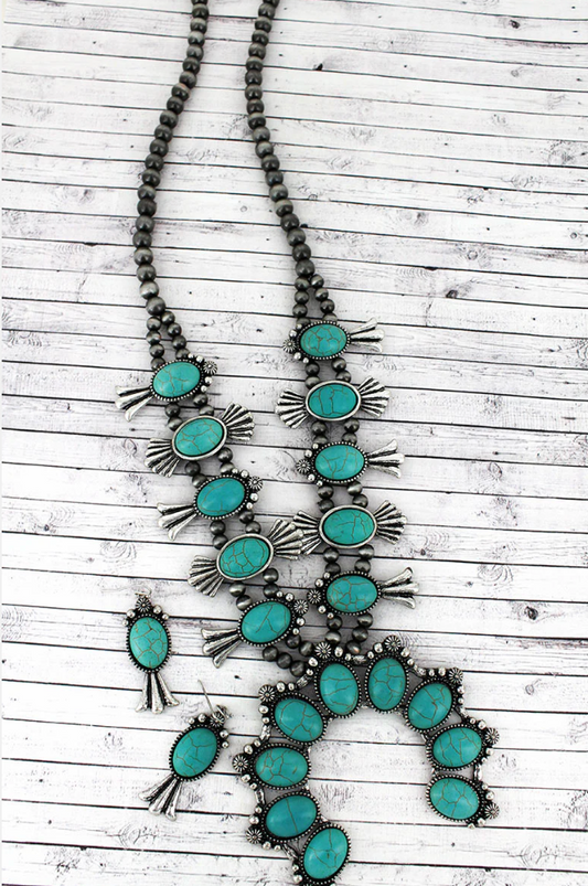 Turquoise Beaded Squash Blossom Silver Navajo Inspired Pearl Necklace and Earring set