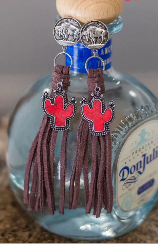 Cheekys Red Cactus Buffalo Nickel Tassel Earrings