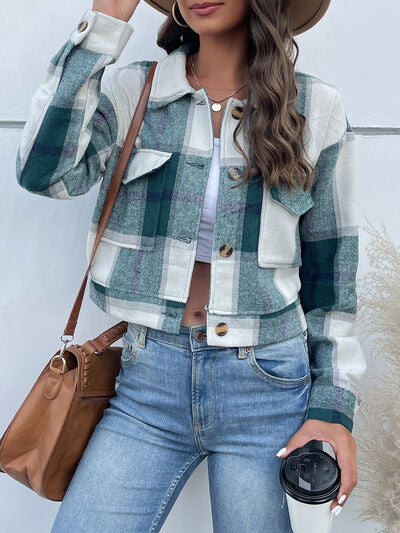 Plaid Button Up Drop Shoulder Cropped Jacket