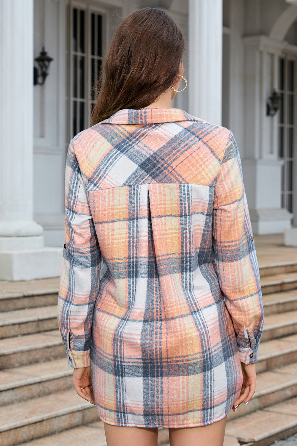 Collared Neck Long Sleeve Plaid Pocketed Shirt