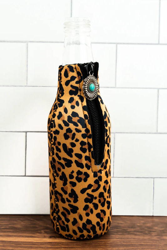 Zip Up Bottle Drink Sleeve Leopard and Hair on Hide