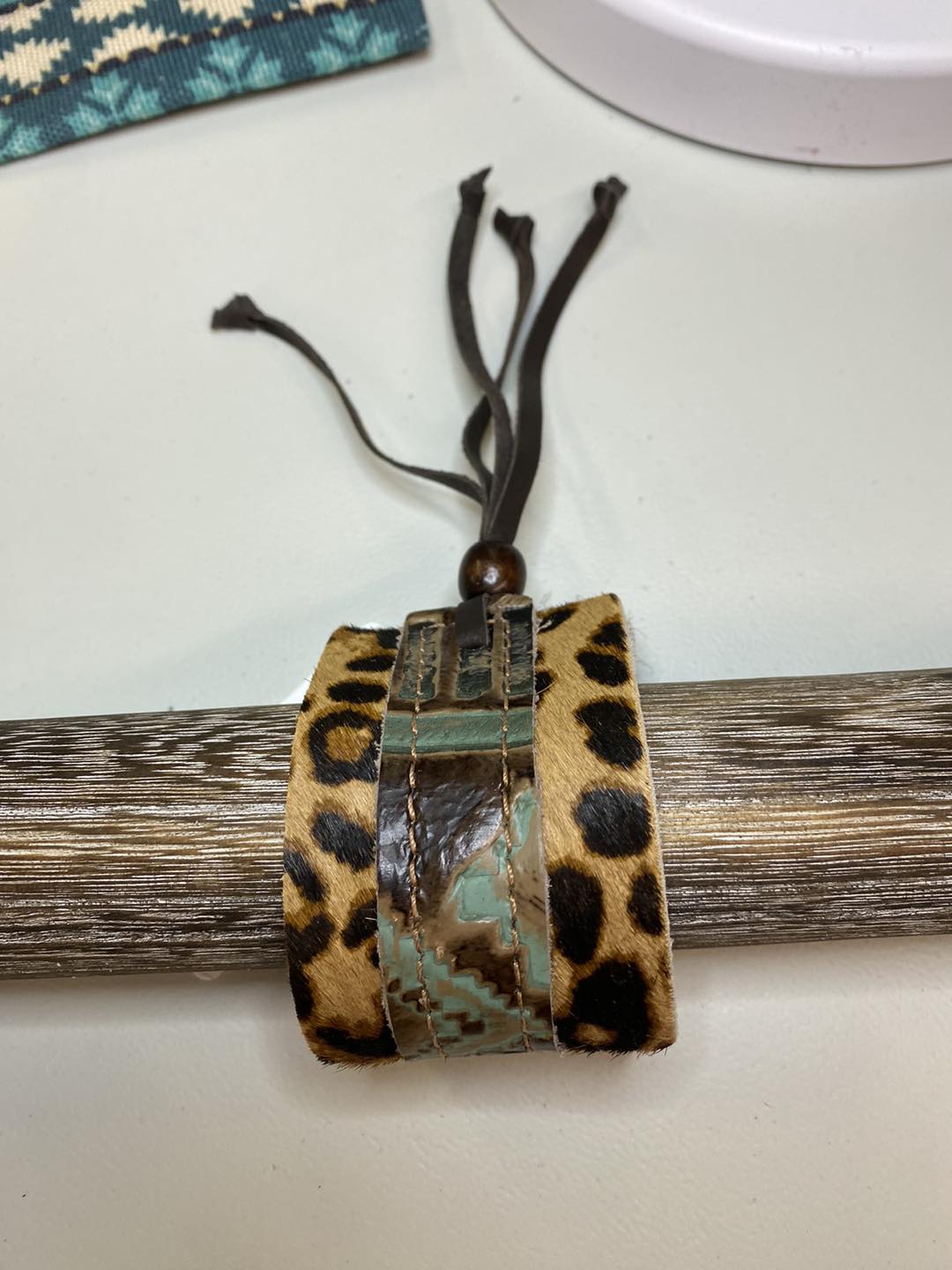 Turquoise Navajo and Leopard Leather Cuff with Adjustable tie
