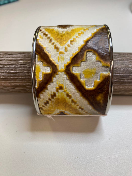 Wide Cuff Bangle Bracelet in Yellow Navajo Leather