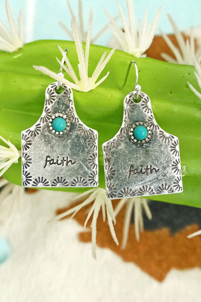 Turquoise Silvertone 'Faith' Cow tag Earrings