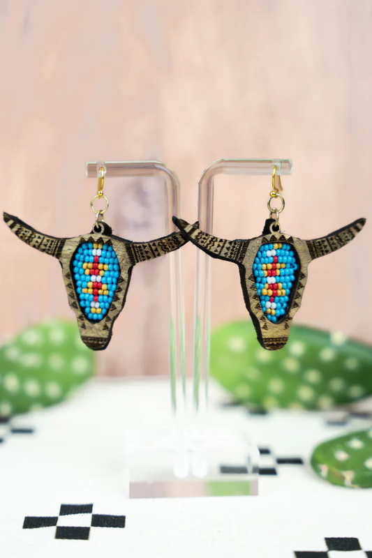 Turquoise and Wood Steer Head Earrings