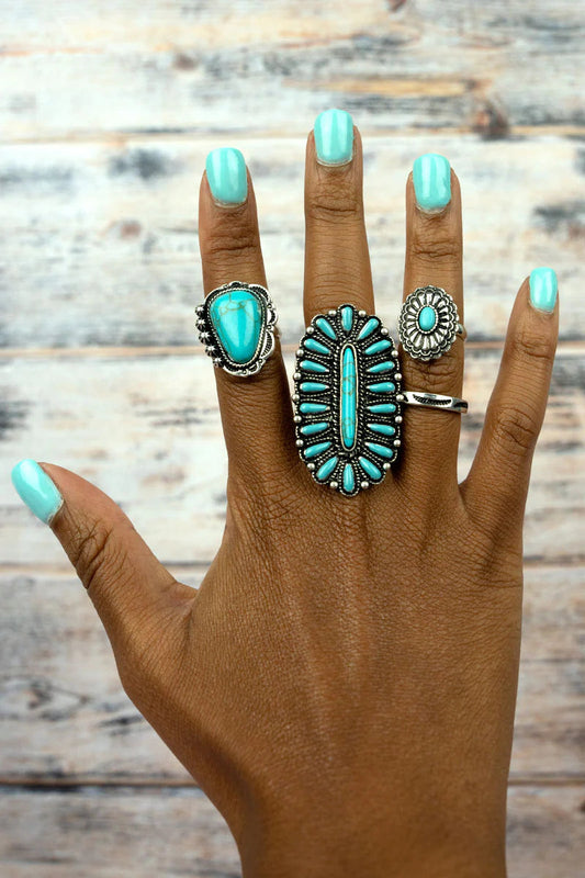 Turquoise Silvertone Ring 4 pc set