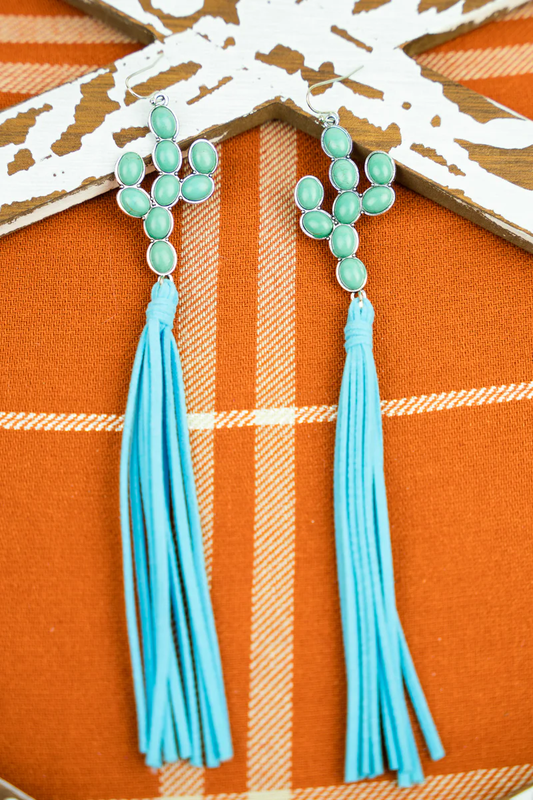 Turquoise Cactus Tassel Earrings